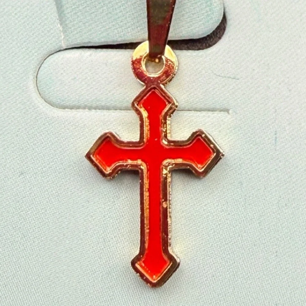 Gold Tone Stainless Steel Red‎ Cross Pendant Necklace Religious Jewelry